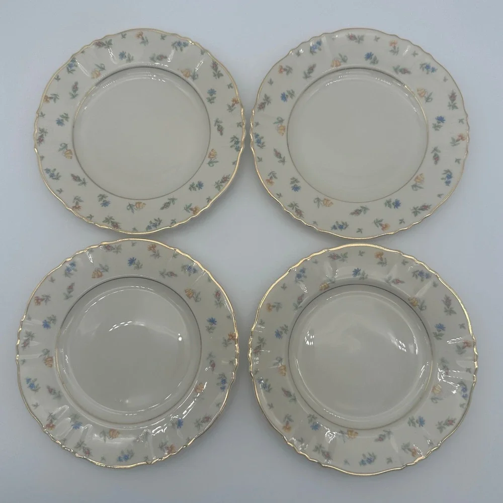 4 Syracuse China Suzanne Federal Shape Bread Plates Floral Gold 6.25